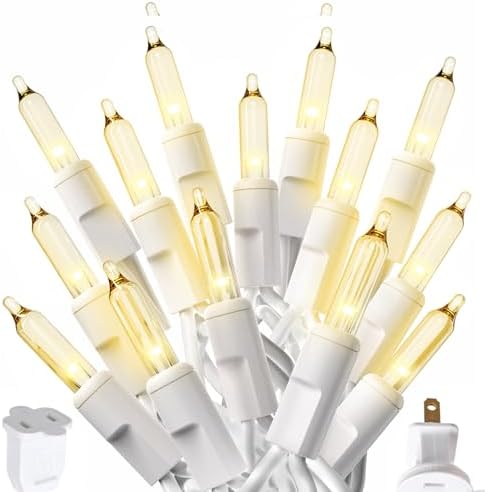 PREXTEX 300 Count Clear Christmas Tree Lights with White Wire - 60 ft Warm White Incandescent L...