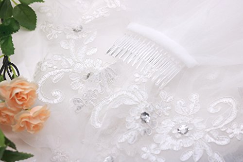 Kercisbeauty Bridal Lace Embroidery Hollow Out Flower White and Ivory Wedding Veil With Hair Comb Crystal Beads Wide Lace Chapel Single Layer Hair Accessories (White) - Thumbnail 4