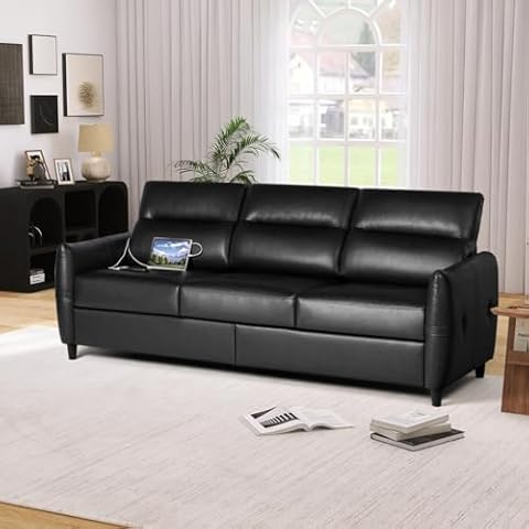 COEWSKE Office Couch Sofa 3 Seater 85”, Black Faux Leather Couch with USB Charging Port, Modern Mid Century Comfy Stain Resistant Sofa for Office, Living Room, Bedroom, Apartment (Black) Cover