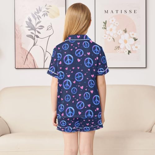 ALAZA Peace Love Black Satin Pajamas Set Short Sleeve Button Down Sleepwear Summer Pjs 2 Piece4