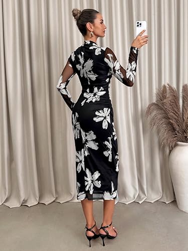 Image of Women's Summer Mesh Sheer Long Sleeve Midi Ruched Bodycon Dress Mock Neck Elegant Evening Party Cocktail Dresses