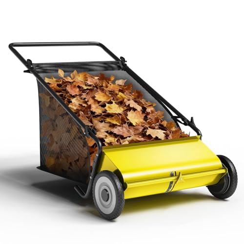 Balayeuse Poussoir Grande Capacité 200 litres, Largeur 66 cm, Fonctionnement Silencieux sans Moteur, Idéal Feuilles Et Herbe, Jaune