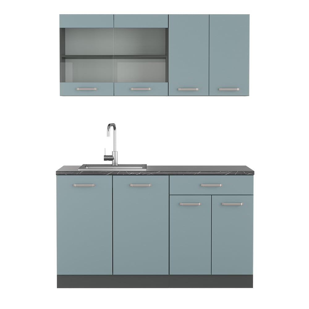 Vicco Singleküche R-Line, Blau-Grau/Anthrazit, 140 cm (ohne Arbeitsplatte)