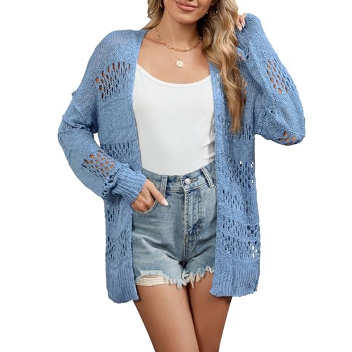 Image of Zando Womens 2025 Knitted Crochet Cardigan Sweater Long Sleeve Kimono Boho Netted Blue Royal Trendy Cardigans for Women Open Front Oversized Outerwear Outfits Beach Vacation Coats All Season Medium