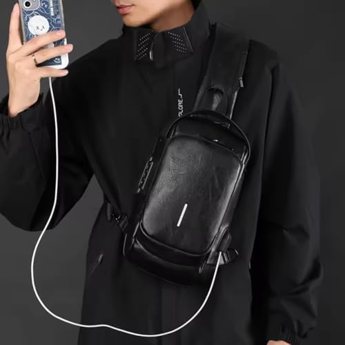 Bolsa Masculina Pochete de Couro Antifurto, Impermeável, com USB, Transversal, Couro, Anti-Roubo, Es