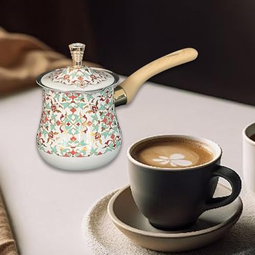 Qianly Stainless Steel Turkish Coffee Pot Milk Pot with Lid Butter Melting Pot Kitchen Accessory Easy to Clean Making Latte Art, Red Pattern, 900ml