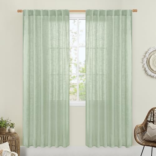 LAMIT Fresh Green Linen Curtains for Living Room, 80 Inch Faux Linen Textured Light Filtering Drapes Back Tab and Rod Pocket Boho Panels for Farmhouse/Bedroom/Porch, 52 x 80 Inch, 2 Panels Set
