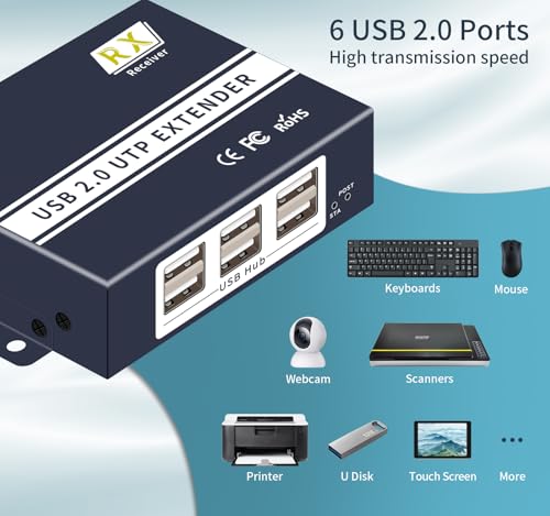 Image of USB Extender Over Ethernet Cat5e /6 /7, 6 Port USB 2.0 | Up to 492FT /150m, Plug and Play, No Driver, Supports All Operating Systems, Keyboard and Mouse Over Ethernet