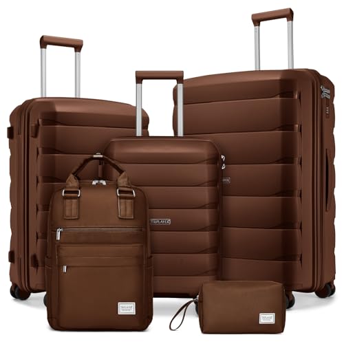 Image of Luggage Sets 5 Pieces, Suitcase Set with Spinner Wheels, 3 Piece Luggage Set with Backpack (28 /24 /20inch Mocha)