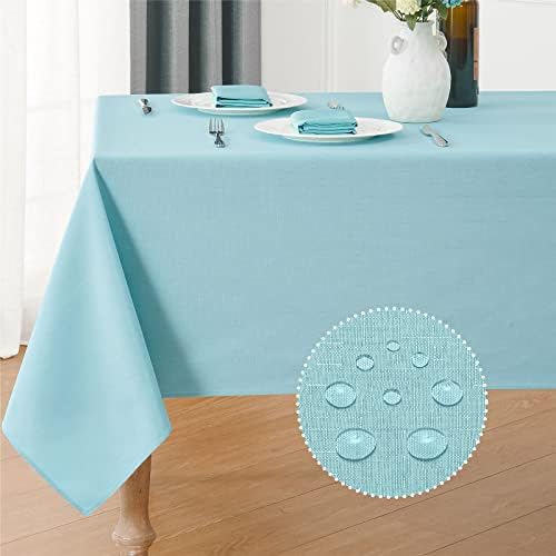 Rectangle Tablecloth Waterproof 52x70 inch Linen Textured Table Cloth Stain and Wrinkle Resistant Washable, Decorative Fabric Table Cover for Dining, Party and Camping, Aqua