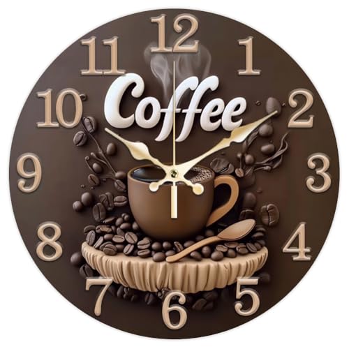 CHGCRAFT Horloge Murale Ronde à Motif Café 3D 12cm sans Tic Tac à Piles pour Chambre à Coucher Salon Cuisine Bureau