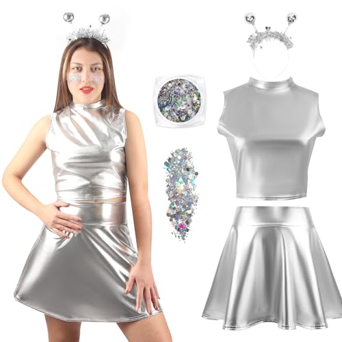 Tutukyle Alien Kostüm Damen,4 Stück Space Kostüm Damen Alien Haarreif Holografischer Glitter Space Girl Alien Accessoires für Alien Thema Party...