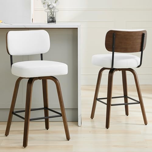 Image of Swivel Bar Stools Set of 2, 30 inch Upholstered Bar Height Stools with Back and Walnut Wood Legs, Faux Leather Barstools for Kitchen Counter, White