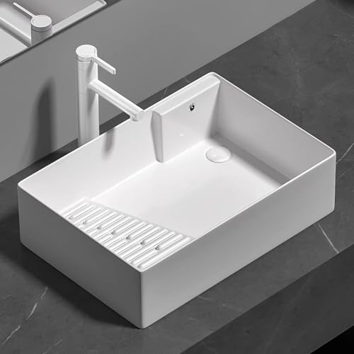 Lavabo Sobre Encimera, Lavadero Pila con Tabla de Lavar, Lavabo de Cerámica Baño, con Grifo Extraíble y Kit de Desagüe, Ideal para Baños, Apartamentos, Balcones y Lavaderos