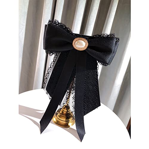 Image of Lace Ribbon Bow Tie Brooch Rhinestone Pearl Necktie for Girl Women Fashion jabot collar brooch pins Pre-Tied Corsage