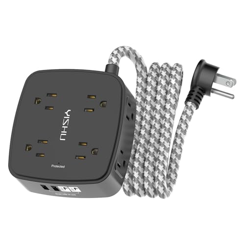 Image of Surge Protector Power Strip - YISHU 8 Outlets with 4 USB (2 USB C) Charging Ports, 6Ft Braided Extension Cord, Flat Plug Multi Plug Outlet Extender Charging Station for Home Office, ETL, Black
