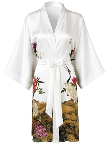 Image of Women's Silk Kimono Robe Short Bathrobe Nightgown 100% Mulberry Silk for Women - Classic Floral Pattern