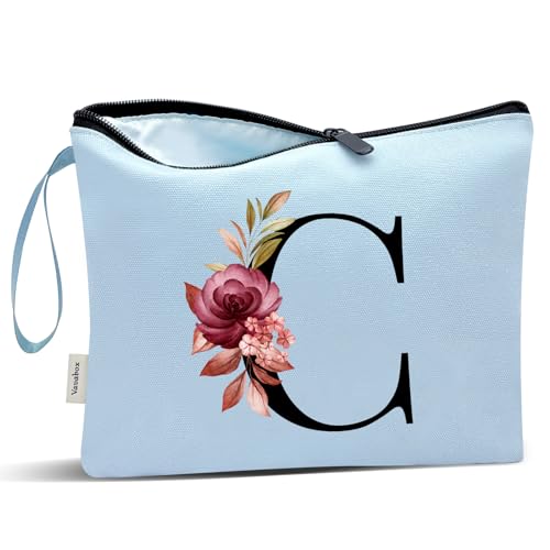 Image of Vavabox A-Z Personalized Makeup Bag, Birthday Gifts for Women Mom, Gifts for Best Friend, Bride Bridesmaid Cosmetic bag (C, Blue)