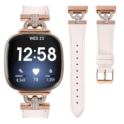 Luxe Leather Bands Compatible With Fitbit Versa 4/Versa 3/Sense 2/Sense Bands For Women D-shaped Bling Metal Buckle Replacement Straps.