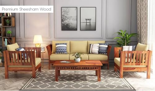Image of Sheesham Wood 5 Seater Sofa Set | 3+1+1 Solid Wood Sofa Set Furniture for Living Room Home Office (Honey Finish)