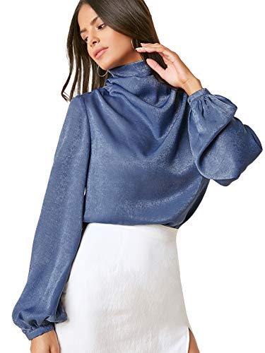 Floerns Women s Casual Draped Front Lantern Sleeve Solid Blouses Top Dusty Blue S