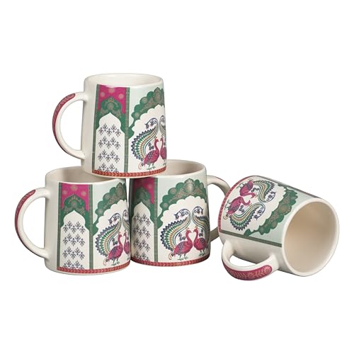 Image of miah decor Neelmayur Royale Collection Handcrafted Ceramic Coffee Cups Set of 4 | Mughal Peacock Design Tea & Coffee Mugs | Green & Maroon on Cream Base | Microwave & Dishwasher Safe