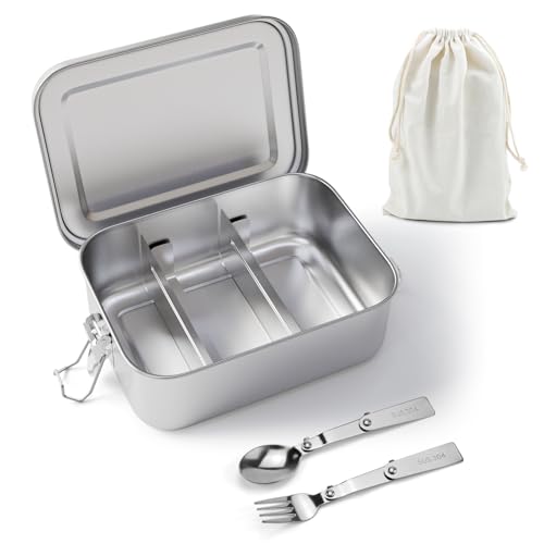 Feelhap Fiambrera de Acero Inoxidable, 2400 ML Fiambrera a Prueba de Fugas con 2 Partición Extraíble, Bolsa de almuerzo y Cubiertos, Fiambrera Metalica Hermetica Caja de Almacenamiento de Alimentos