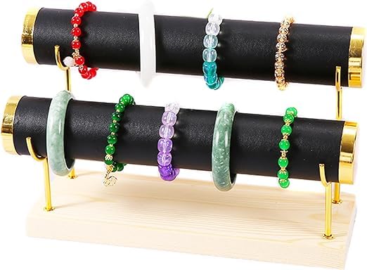 Image of Wooden Metal 2 Roll Black Gold Metal Chrome Finished Wooden Jewellery Display Stand