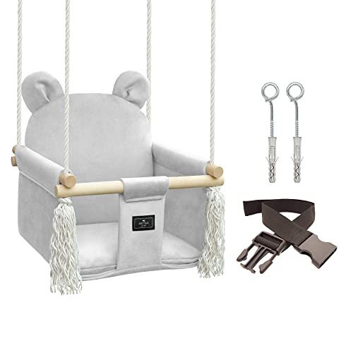 NATILU&reg; Babyschaukel | B&auml;r Light Grey | Schaukel f&uuml;r Kinder Garten Indoor Outdoor | Kinderschaukel Babyschaukel Holz | Babyschaukel T&uuml;rrahmen | Babyschaukel Wohnung Outdoor | Hergestellt in der EU