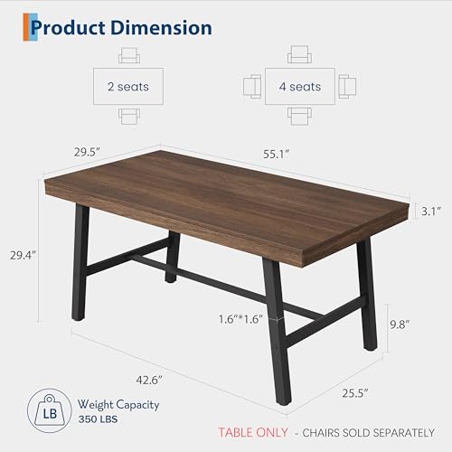 Image of GarveeHome Industrial Dining Table for 2-4, 55 inch Heavy Duty Rectangular Kitchen Table with 2 inchx2 inch Metal Legs, Small Space Dining Table for Kitchen, Dining Room (Brown, 55 inch Non-extendable)
