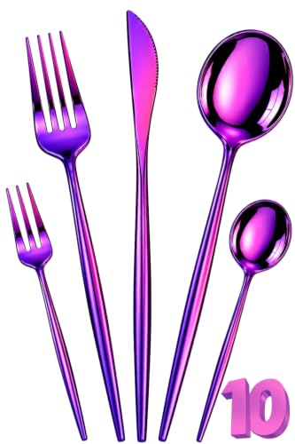Image of Slim Handle Pink 10 Pcs Stainless Steel Cutlery Set for Dining Table, Dishwasher Safe Glossy Flatware (2 Spoon Set+2 Forks Set+2 Butter Knife+2 Dessert Spoon+ 2 Fruit Fork)