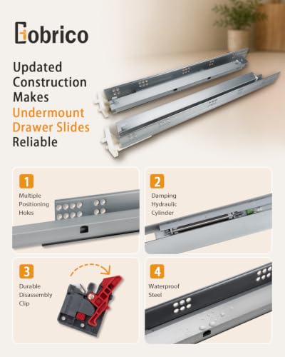 Image of Gobrico 21 inch Soft Close Under Mounting Drawer Slides, Concealed Rear /Bottom Mounted Drawer Glides Runners, Locking Device Mounting Screws Included, 12Pair Contractor Pack