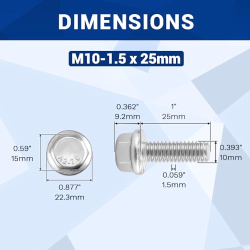 Image of M10-1.5 x 25mm Serrated Flange Hex Bolts + Flange Nut + Flat Washer + Lock Washer Combo Pack, 304 Stainless Steel 18-8, for Automotive & Machinery, 10 Sets