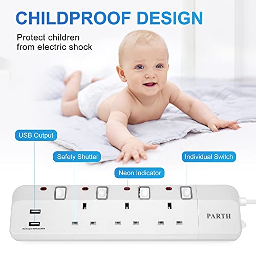 PARTH 2M Extension Lead with USB Slots 3 Way, 2 Metre Long Extension Cable 3 Gang 13A Multi Plug Extension Socket with Individual Switches, Wall Mount Heavy Duty Extension Cord for School Home Office - Image 4