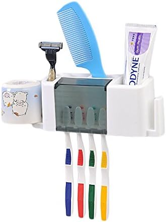 LotFun Toothbrush Holder Wall Mounted,4 Toothbrushes Slots 2 Cups Storage Set Punch-Free Bathroom Storage Organizer Set Toothbrush Holder Mounted Dispenser Sets Bathroom Storage Organizer Set