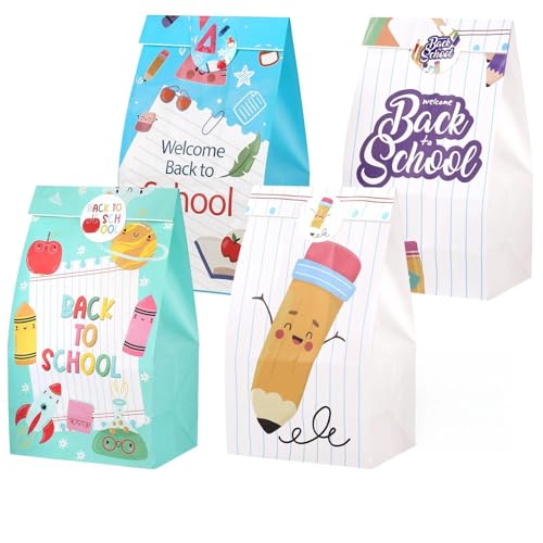 woric 36-Pack 9.4-Inch Back to School Gift Bags Colorful Stationery Theme Flat Paper Goodie Bags Bulk for First Day of School Party Decorations Teacher Appreciation Gift Wrap