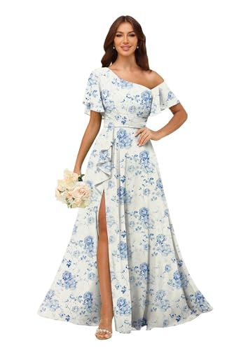 Image of One Shoulder Bridesmaid Dresses for Women with Pockets Short Sleeve Ruffled Chiffon Formal Evening Gowns