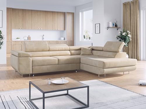 MKS MEBLE Ecksofa Beige Wohnzimmer - Wohnlandschaft - Schlafsofa mit Bettkasten - Ecksofa mit Schlaffunktion - Wohnzimmer L Couch - Polstersofa mit Bettkasten - Gustaw - Beige - Rechts