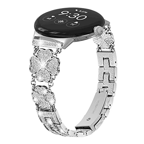 FitTurn Four-leaf lucky grass design Metal Watch Band Compatible with Google Pixel Watch for Women Girl Replacement Wristbands Strap with Bling Crystal Rhinestone Band Strap (Silver)
