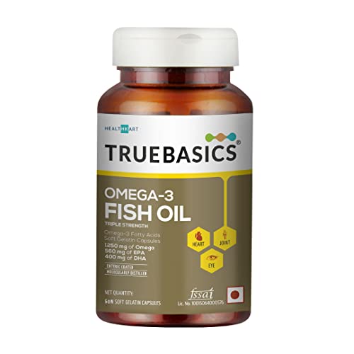 TrueBasics Omega 3 Fish Oil Capsules for Women and Men, Triple Strength with 1250mg Omega (560mg EPA & 400mg DHA), for Healthy Heart, Eyes & Joints, 60 Fish Oil Capsules TrueBasics Omega 3 Fish Oil Capsules for Women and Men, Triple Strength with 1250mg Omega (560mg EPA & 400mg DHA), for Healthy Heart, Eyes & Joints, 60 Fish Oil Capsules
