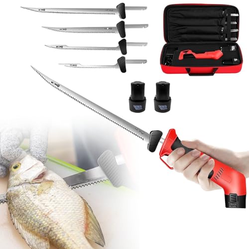 Kit de cuchillo eléctrico for filetear pescado con mango antideslizante, cuchillo inalámbrico for filetear pescado, 4 cuchillas recíprocas antiadherentes revestidas + 2 baterías recargables