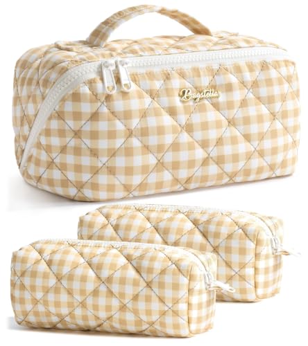 Image of Travel Makeup Bag, Large Capacity Puffy Toiletry & Cosmetic Bag for Women | 3 PCS Open Flat Quilted Makeup Cosmetic Organizer, Waterproof w /Clear Divider Portable Pouch for Skincare Travel Essentials