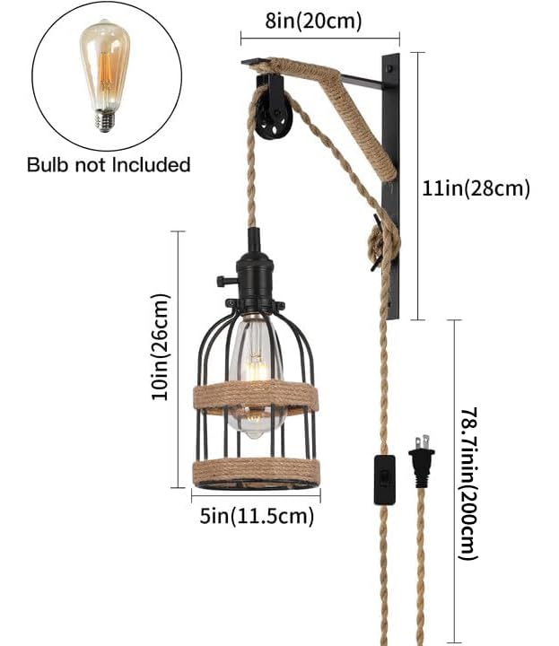 Image of Farmhouse Plug in Pendant Light Set of 2, Black Industrial Metal Plug in Wall Sconce, Height Adjustable Pulley Lamp for Bedside Living Room Bedroom Hallway.
