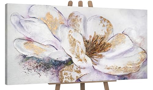 YS-Art Cuadro pintura abstracta hecho a mano Peonía dorada Pintado en acrílico una gran flor blanca y dorada 120x60 cm