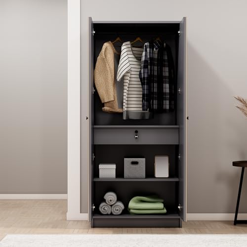 Image of Bniture Luxe 2 Door Wooden Wardrobe for Bedroom with Shelf & Lockable Drawer | Almirah for Clothes with Vertical Slatted Panels | Cupboard for Bedroom with Elevated Base | Grey & Giant Wood