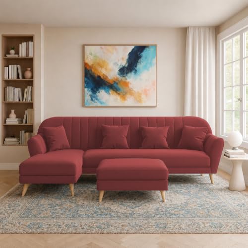 Image of Atticus LHS 6 Seater L Shape Sofa Set with Ottoman Living Room (Maroon Colour Fabric) Premium Fabric Sofa Set for Living Room