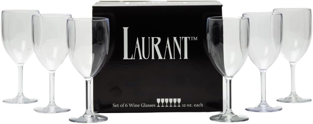 LAURANT Crystal Clear Unbreakable Plastic Wine Glasses Tritan Plastic Dishwasher-Safe BPA-free Perfect for Parties (12 oz. Set of 6) MADE IN USA