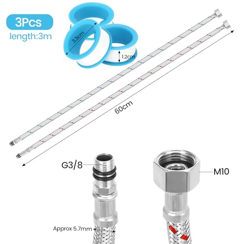 FINEASY 2 Stück Panzerschlauch 3/8 Zoll mit 3 Rollen Teflonband, Edelstahl Wasserhahn Schlauch 60cm, Anschlussschlauch Armatur G3/8 x M10, Flexschlauch Verlängerung für Küche und Bad