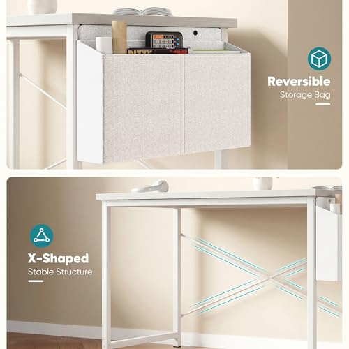 Image of OLIXIS Computer Desk, 47 Inch Gaming Desks for Home Office Small Spaces | Writing Study Craft Work Table, Computer Workstation for Bedroom with Storage Bag, All White