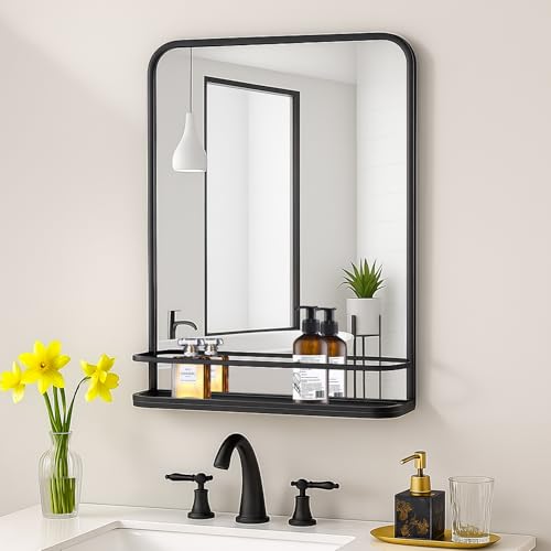 VASUHOME Black Bathroom Mirror with Shelf - Bathroom Vanity Mirror with Metal Frame with Rounded Corners - 26.8' x 21.3' - Perfect for Living Room, Bedroom, Bathroom, Entryway